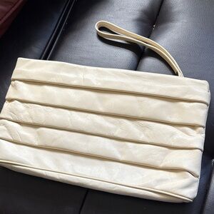 Chic Cream Pleated Wristlet Clutch genuine Leather
